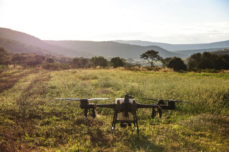 Agricultural drone sitting in a grassy paddock at sunrise with hills behind